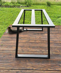 Beefy Heavy Duty Metal Table Frame for Granite or Glass Tops, industrial style dining table base on wooden deck.