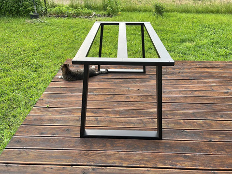 Beefy Heavy Duty Metal Table Frame for Granite or Glass Tops, industrial style dining table base on wooden deck.