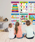 Children looking at 17 Poster Set For Early Education With Alphabet Numbers Time Shapes Seasons Months Emotions Weather Money Colors Opposites Five Senses Math Solar System Farm Animals On Durable PET Film Covers For Nursery And Kindergarten on a wall.