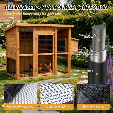 Beefed Up Heavy Duty 19 Gauge Hardware Cloth 48 Inch By 100 Foot Predator Proof Chicken Wire Fence shown in a wooden chicken coop