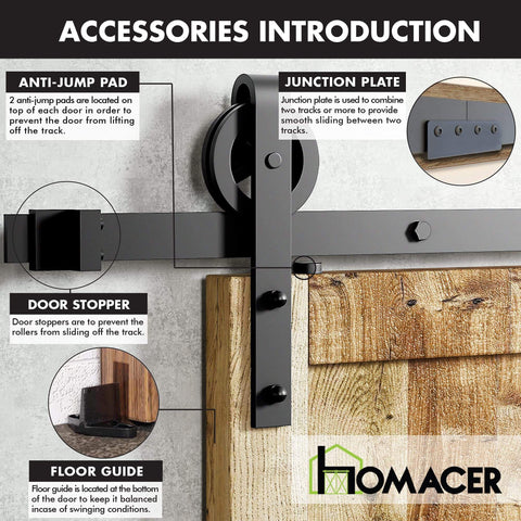 Black Rustic Non Bypass Sliding Barn Door Hardware Kit For Two Doors 12 Foot Flat Track With Spoke Wheel Rollers showing accessories