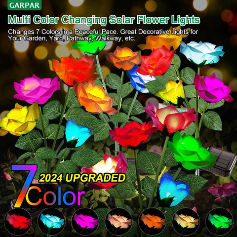 Rose Shaped Solar Lights Outdoor Waterproof 2026 Upgrade with Realistic Silk Petals, 7 Color Changing, 3 Pack in garden