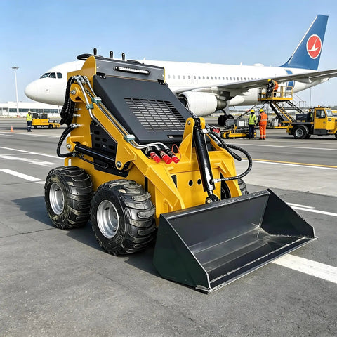 All Terrain Rubber Tracked Skid Steer Loader With Heavy Duty Build And High Flow Hydraulics For Farm Work next to airplane