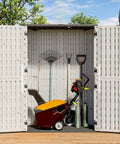 65 Cu Ft Outdoor Storage Shed With Lockable Doors open showing tools and equipment inside, weatherproof resin cabinet with floor