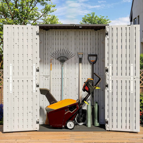 65 Cu Ft Outdoor Storage Shed With Lockable Doors open showing tools and equipment inside, weatherproof resin cabinet with floor