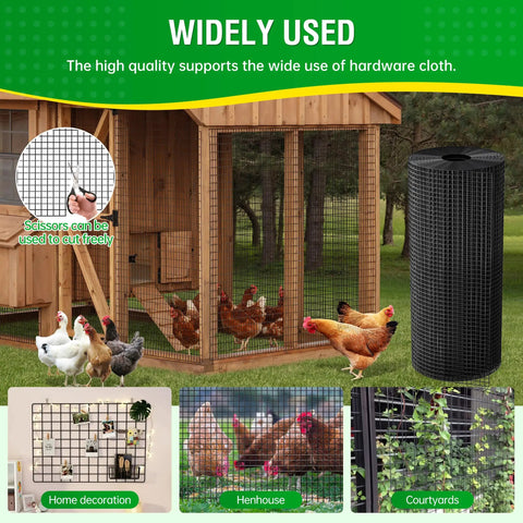 Black Vinyl Coated Hardware Cloth One Half Inch Mesh 48 Inch Wide 100 Feet Roll 19 Gauge Steel covering chickens in henhouse.