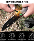 Using Six In One Survival Knife With Full Tang Design And 4.33 Inch Drop Point Blade for starting a fire with ferro rod in grass.