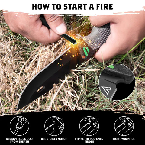 Using Six In One Survival Knife With Full Tang Design And 4.33 Inch Drop Point Blade for starting a fire with ferro rod in grass.