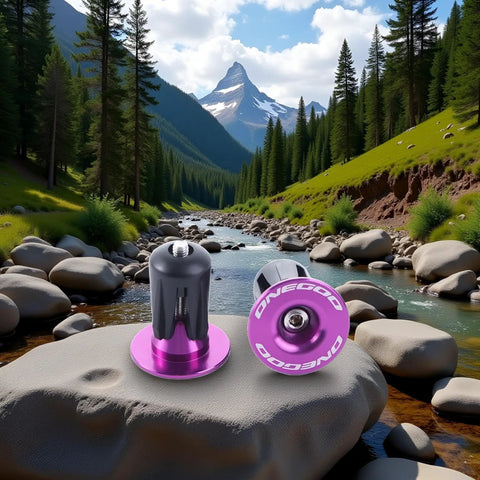 Purple Aluminum Bike Bar End Caps For 15 To 20.5 Mm Handlebar Diameters Universal Fit For MTB And Road Bikes shown on rocks beside a river.