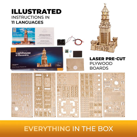 Lighthouse Of Alexandria 3D Puzzle Wooden Model Kit, Totally Epic Historic Wonder Replica, 12.2 Inch Tall Brown Craft, Engaging Mechanical Build For STEM Lovers And History Buffs assembled parts