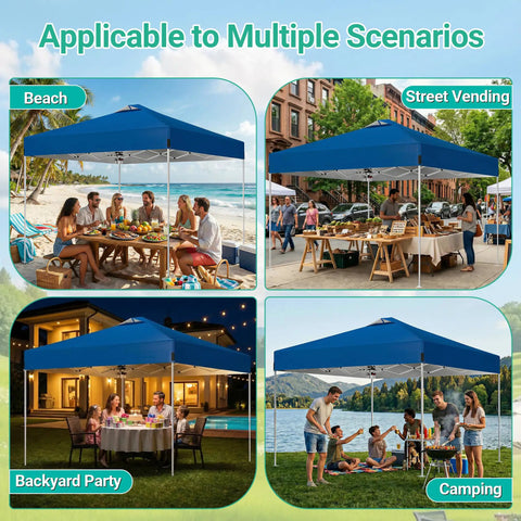 Blue 10x10Ft Pop Up Canopy Tent With Easy Setup Portable Outdoor Gazebo Shelter Sun Shade With Wheeled Carry Bag Sandbags in various settings