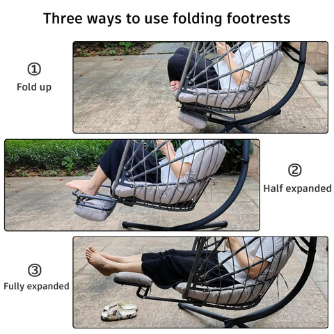 Three ways to adjust footrest on Cozy Outdoor Egg Swing Chair With Stand And Footrest Deep Cushioned Hammock Style Seat.
