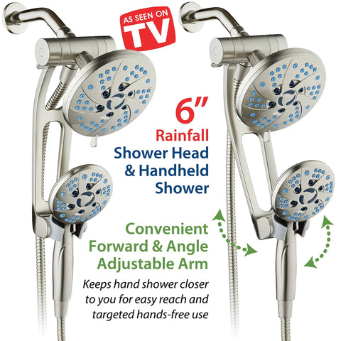 High Pressure Spa Shower System With 6 Inch Rain Head And Handheld 3 Way Shower Head Combo 48 Modes Anti Clog Nozzles Extra Long 6 Ft Stainless Steel Hose Adjustable Arm Wall Bracket Nickel Finish For Home Spa Vibe