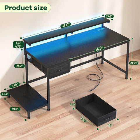 39.3 Inch Gaming Desk With Power Outlet And LED Lights, Adjustable Monitor Stand, Drawer, CPU Stand, Black, dimensions shown