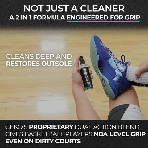 Hand applying 2 In 1 Grip Restore And Cleaner For Shoes And Gloves, A Versatile Grip Spray For Golf Basketball Football Volleyball And Baseball on blue sneaker indoors.
