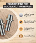 Replacement Tension Pins For 4 Inch Double Action Hinges Two Pack Solid Steel Pins For Setting Tension In Double Action Hinges Ideal For Residential And Commercial Doors By Hinge Outlet displayed on wooden background with features text.