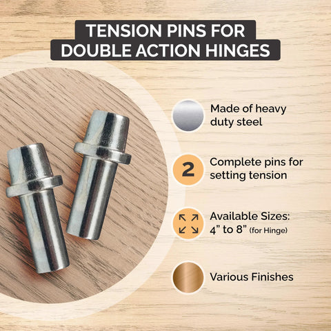 Replacement Tension Pins For 4 Inch Double Action Hinges Two Pack Solid Steel Pins For Setting Tension In Double Action Hinges Ideal For Residential And Commercial Doors By Hinge Outlet displayed on wooden background with features text.