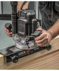 Using Pro Grade Lock Jig Kit for routing face plate recess and mortise with tool-free setup, adjustable width, and locking levers.