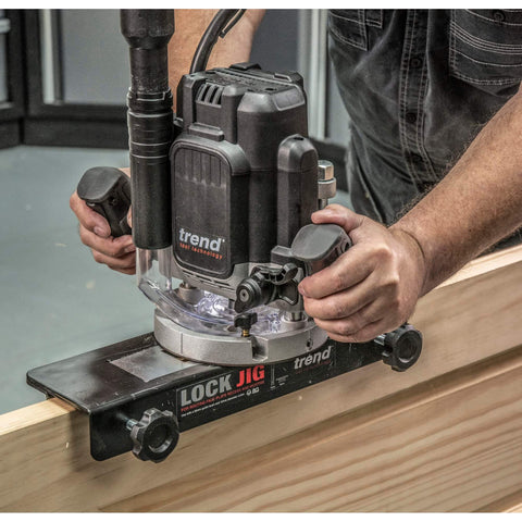 Using Pro Grade Lock Jig Kit for routing face plate recess and mortise with tool-free setup, adjustable width, and locking levers.