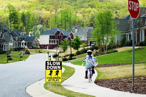 Two Pack Drive Slow Children At Play Safety Signs For Street With Stakes 13 By 17 Inches Double Sided Corrugated Plastic Yard Signs