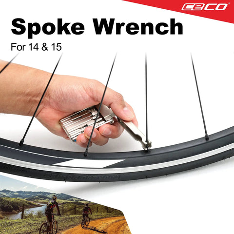Ultra Slim 13 Function Bike Tool With Chain Breaker being used on bicycle wheel spokes
