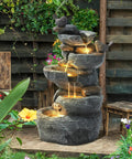 Outdoor Cascading Five Tier Rock Water Fountain With Four LED Lights For Garden Patio Yard And Deck Decor Waterfall Feature With Natural Stone Look For A Relaxed Night Vibe