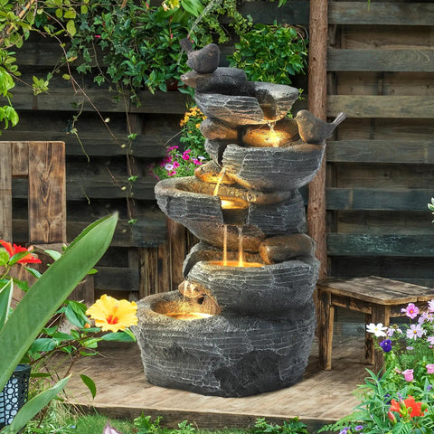 Outdoor Cascading Five Tier Rock Water Fountain With Four LED Lights For Garden Patio Yard And Deck Decor Waterfall Feature With Natural Stone Look For A Relaxed Night Vibe