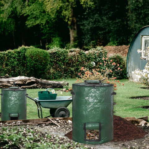 80 Gallon Compost Bin Bags Set Heavy Duty 2 Pack Foldable Garden Yard Waste Bags in use in a garden with plants and wheelbarrow