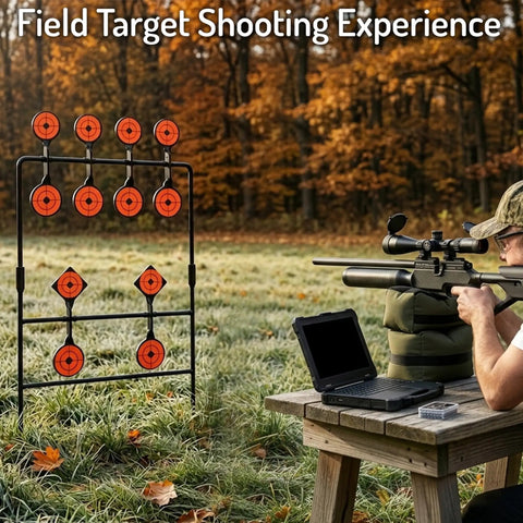 Self Resetting Air Rifle Target With Heavy Duty Metal Frame For Airsoft Rimfire BB Gun Practice next to shooter outdoors.