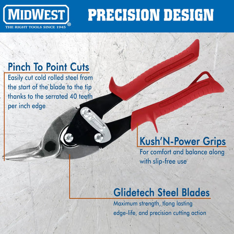 Left Cut Regular Aviation Snips Tin Cutting Shears With Forged Blades And Kush N Power Comfort Grips On Metal Background