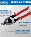 Left And Right Aviation Snip Set For Tin Cutting With Glidetech Forged Blades Made In USA featuring red grips and labeled design.