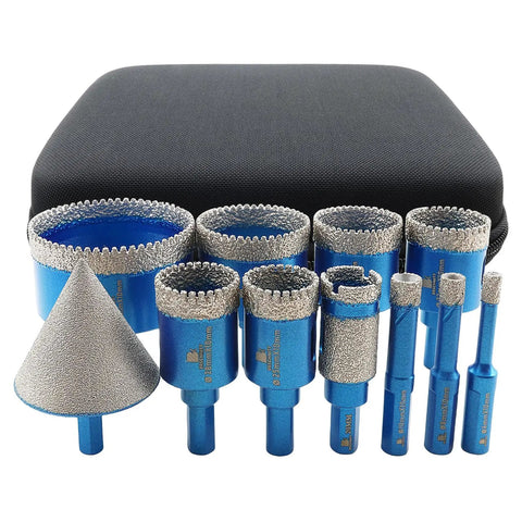 Beast Diamond Core Drill Bit Hole Saw Kit For Porcelain Tile Ceramic Marble Granite Dry Drilling Triangle Shank 11 Pieces Sizes 6mm To 65mm shown in a set