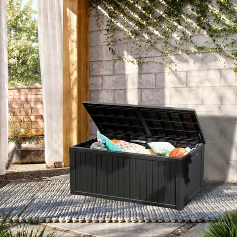 200 Gallon Waterproof Outdoor Storage Box Built Tough Resin Deck Box With Lockable Lid, UV Resistant Black Finish, open view
