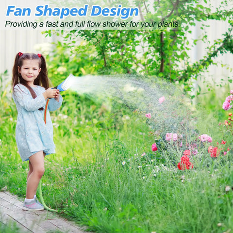 Child using Heavy Duty Fan Spray Nozzle For Garden Hose With Flow Control and Ergonomic Insulated Grip for watering flowers