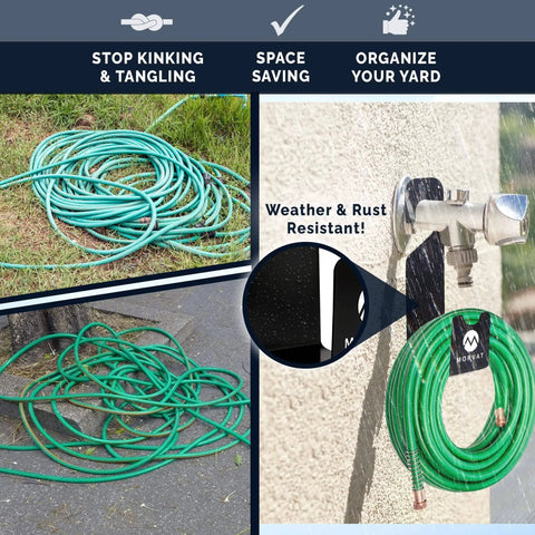Heavy Duty 150 Foot Hose Hanger With Rust Resistant Metal Wall Mount Organizer installed on outdoor spigot with hose