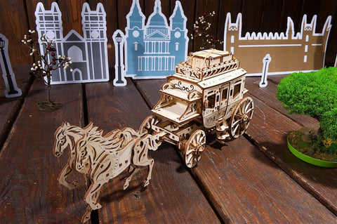 Stagecoach 3D Mechanical Model Kit, Wooden Brain Teaser And Puzzle For Adults And Teens, Wild West Carriage Build, Dope Detailed Wooden Puzzle For DIY Fun, Challenge And Display. wooden stagecoach model with horses