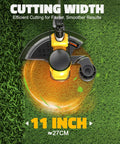 Top view of cordless 3 in 1 string trimmer edger and lawn care tool with brushless motor and battery level display, 18 inch line, 20V compatible, battery not included, charger not included, yellow, showing 11 inch cutting width on grass