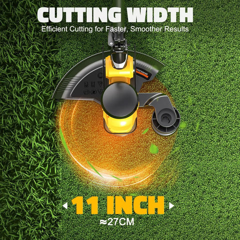 Top view of cordless 3 in 1 string trimmer edger and lawn care tool with brushless motor and battery level display, 18 inch line, 20V compatible, battery not included, charger not included, yellow, showing 11 inch cutting width on grass