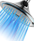 Ultra Luxe 8 Inch Rainfall LED Shower Head With Five Settings Chrome Face Water Powered Color Changing Temperature LEDs Spa Quality Bath Upgrade For Your Home showing illuminated blue LED lights.