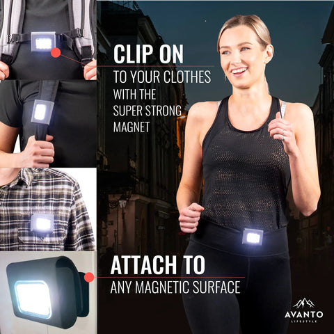 Magnetic Running Light 300 Lumen Rechargeable Clip On Safety Floodlight on clothing, ideal for night walks and dog walks.
