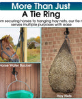 Heavy Duty Solid Steel Horse Tie Ring 2-3/8 Inch Cross Tie Ring For Horses securing a horse, water bucket, and hay net.