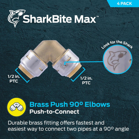 Push To Connect Brass Half Inch 90 Degree Elbow Fittings Pack Of Four For PEX Copper CPVC PERT HDPE Piping No Solder Or Glue Required Easy Install DIY Friendly UR248A4