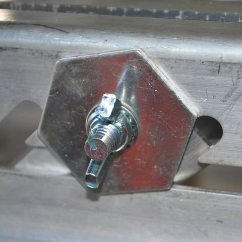 Close-up of a metallic bolt on Two Pack Short Body Ladder Jacks for Construction and Home Use 250 lb capacity with silver finish