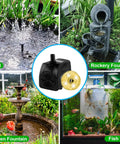 Collage of Submersible Pond Fountain Pump 15W 800L/H With LED Lights in various settings: pond, rockery, garden fountain, fish tank.