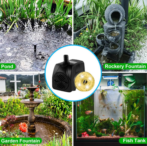 Collage of Submersible Pond Fountain Pump 15W 800L/H With LED Lights in various settings: pond, rockery, garden fountain, fish tank.