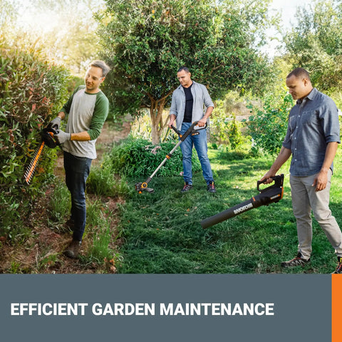 Three men using 20V Cordless Yard Work Ready Bundle 12 Inch Trimmer Edger 22 Inch Hedge Trimmer Plus 360 CFM Leaf Blower in garden