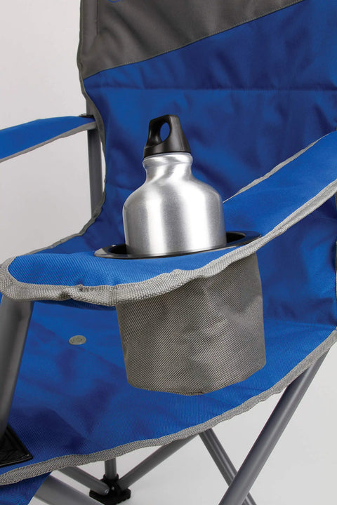 Close-up of Oversize Camping Chair With Cup Holder And Side Pocket, Water-Resistant XL Seat, Supports Up To 600 Lbs, blue fabric