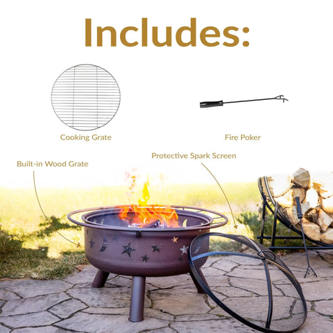 Bronze 30 Inch Outdoor Wood Burning Fire Pit With Grill Grate, Spark Screen, and Poker in backyard setting