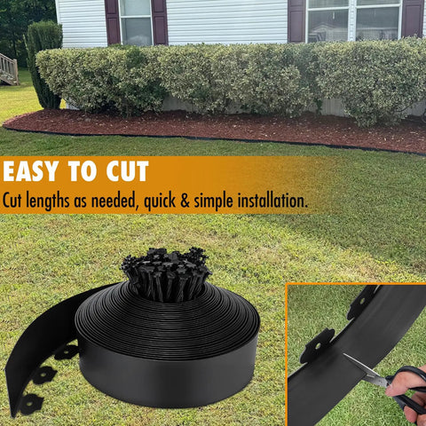 4 Inch Tall Landscape Edging 80 Foot Roll With 90 Anchoring Spikes And 5 Connectors shown near a lawn, demonstrating easy cutting.