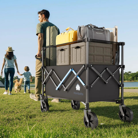 Heavy Duty Folding Wagon Cart With Brakes 39 Inch All Terrain Wheels carrying camping gear outdoors